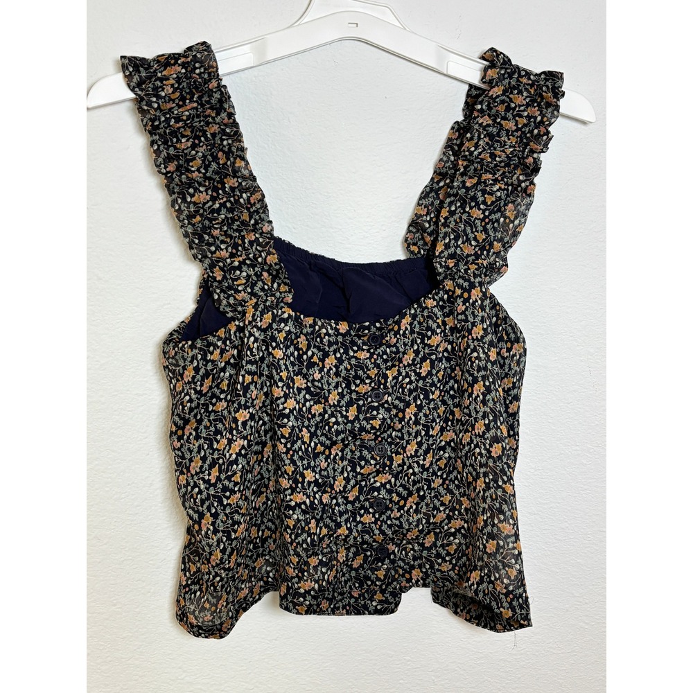 Reset Floral Ruffle Strap Crop Top Navy Blue Ditsy Flower Button Back Small